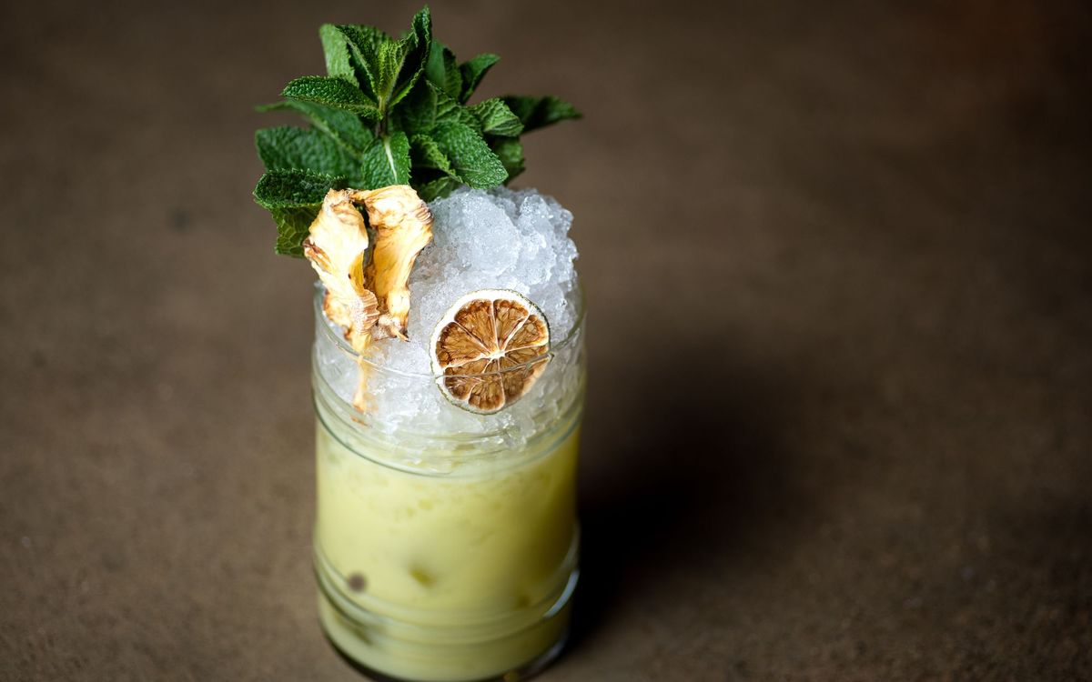 Fresh cocktail with mint, a citrus garnish and ice cubes in a glass