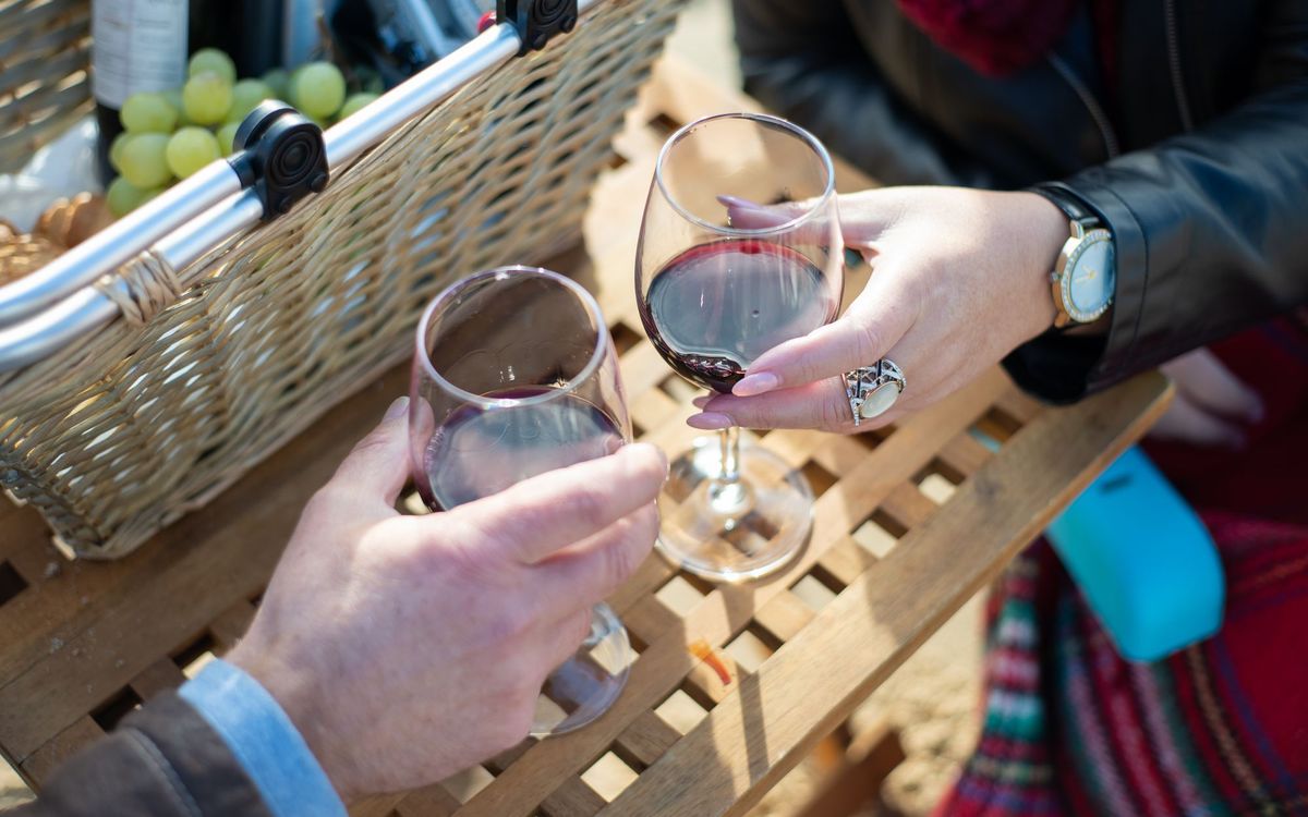 Two people clinking glasses of red wine near a picnic basket outdoors