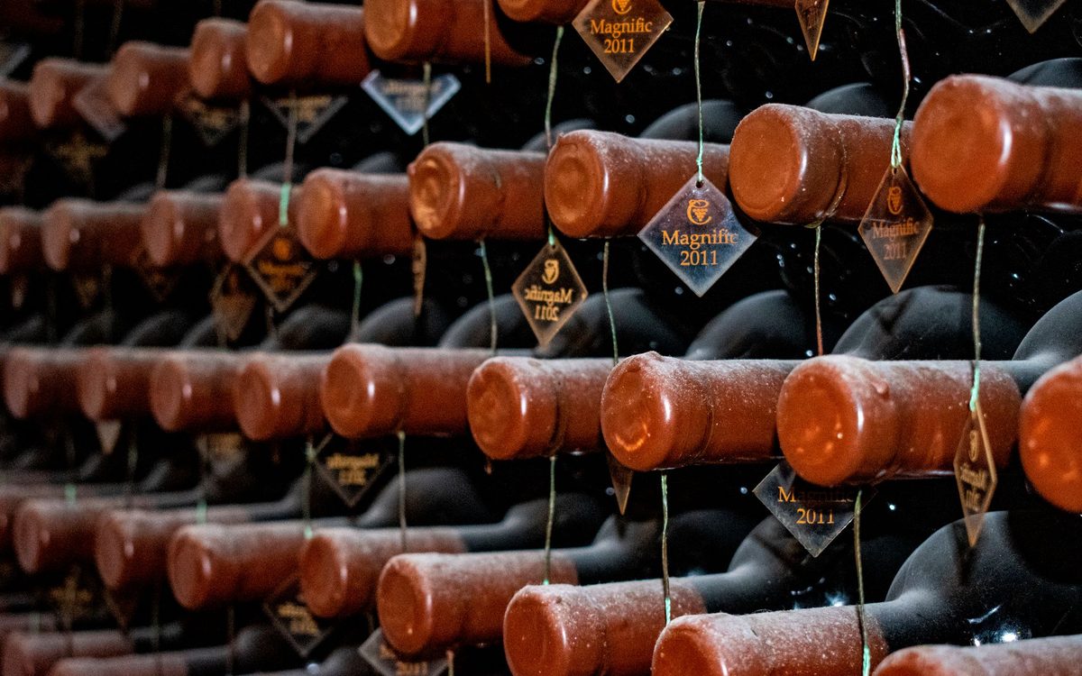 Rows of wine bottles with corks facing out and hanging 2011 vintage tags, stored on their sides in a dim cellar, the cool steady setting a wine fridge copies.